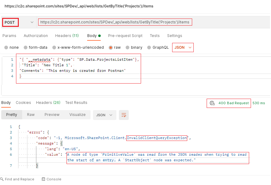SharePoint REST create list item - PrimitiveValue node found error